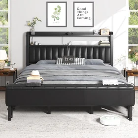 Queen Size Upholstered Bed Frame  with Starry Sky Lights and Storage Drawer