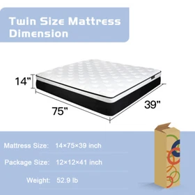 14'' Mattress Twin Full Queen King Size Memory Foam InnerSpring Bed in a Box