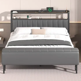 Full/Queen/King Metal Bed Frame with Starry Sky Lights and Storage Headboard