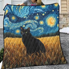 Starry Night Black Cat Quilt, Whimsical Celestial Lightweight Breathable Blanket