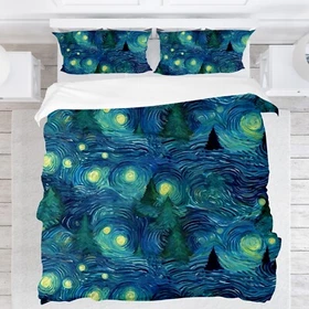 Starry Night Sea Waves Duvet Cover, Moon Stars Blue Bedding Set For Kids Adults