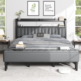 Full/Queen Size Bed Frame with Starry Sky Lights and Storage Drawer