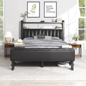 Upholstered Full/Queen/King Bed Frame with Starry Sky Light and Charging Station