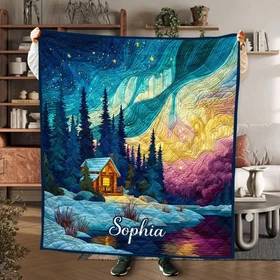 Custom Aurora Borealis Blanket Starry Night Cabin Throw Cozy Winter Nature Gift