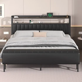 Full Size Bed Frame Upholstered with Starry Sky Light and Charging Station