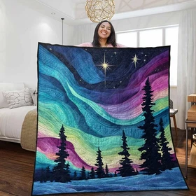 Aurora Quilt Blanket Forest Under Northern Lights Bedding Starry Night Christmas