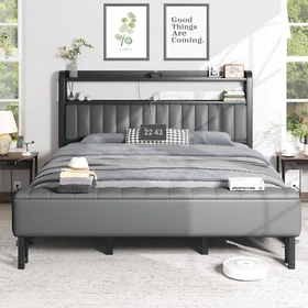 Queen/Full/KingUpholstered  Bed Frame with Starry Sky Light and Charging Station