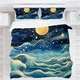 Starry Night Sea Waves Duvet Cover, Moon Stars Blue Bedding Set For Kids Adults